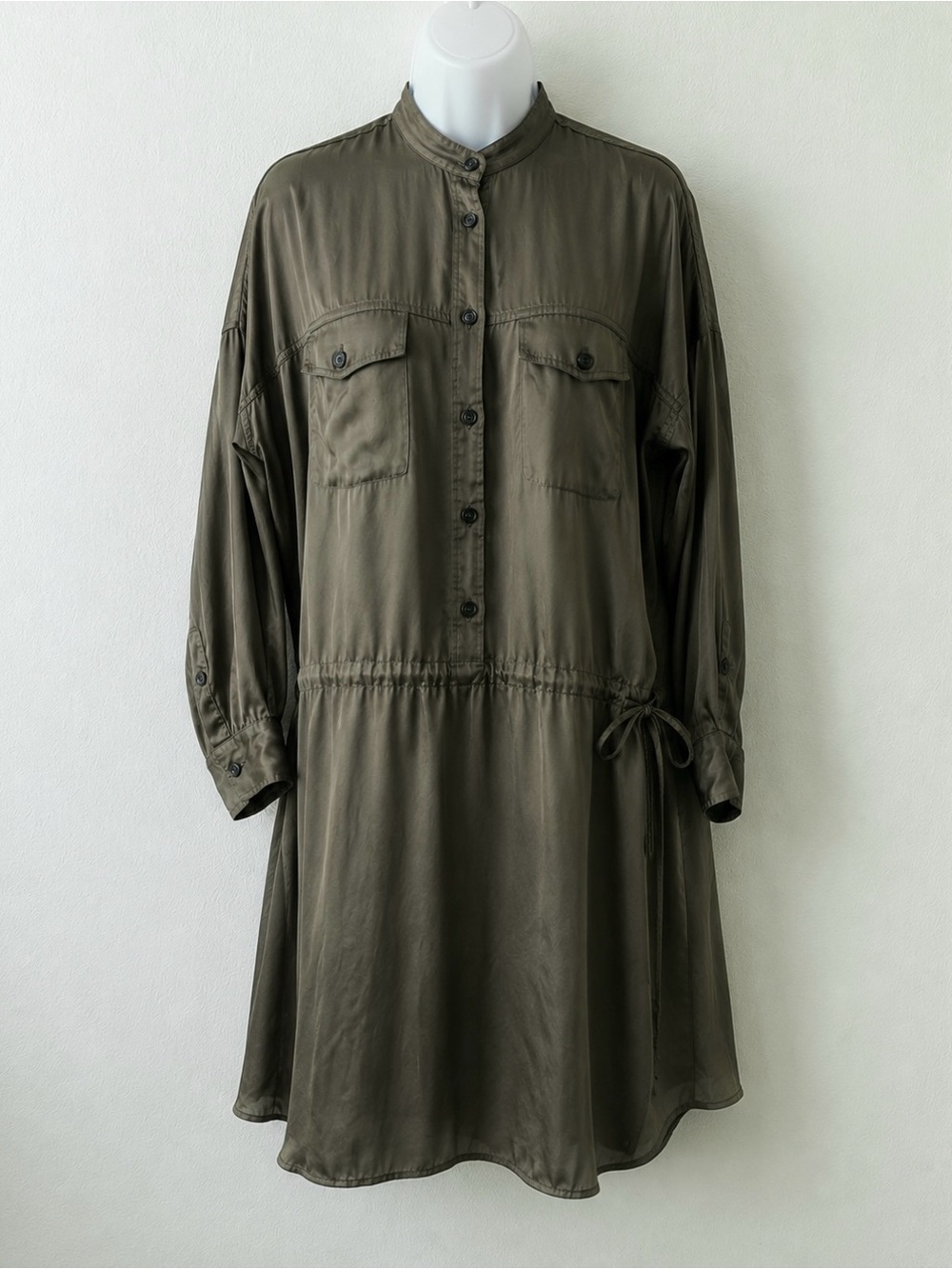 Zadig & Voltaire Romeo Satin Shirt Dress XS Olive Brown Drawstring Waist